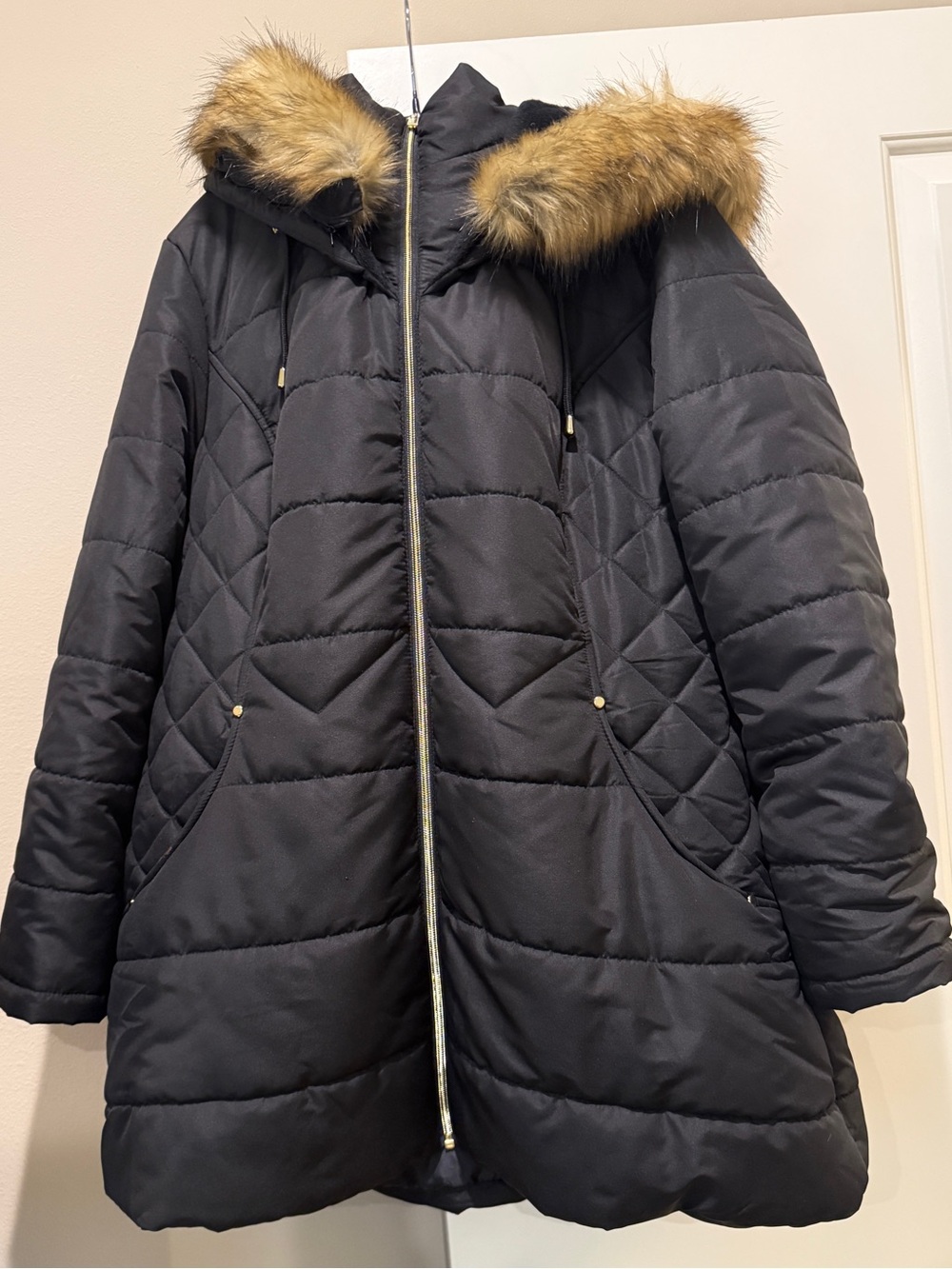 Susan Graver Black Quilted Puffer Coat with Removable Faux-Fur Hood Trim